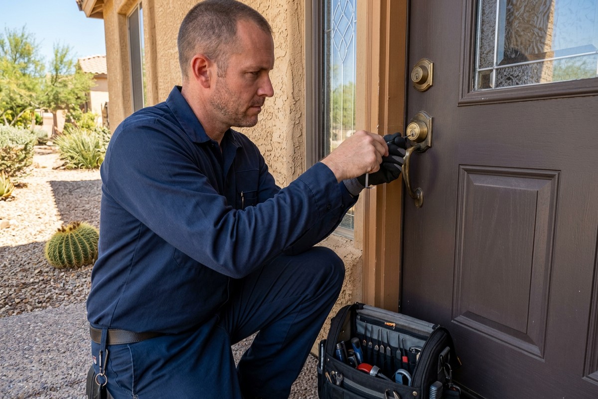 Mobile locksmith opening a residential front door lock during a home lockout service call in Phoenix AZ