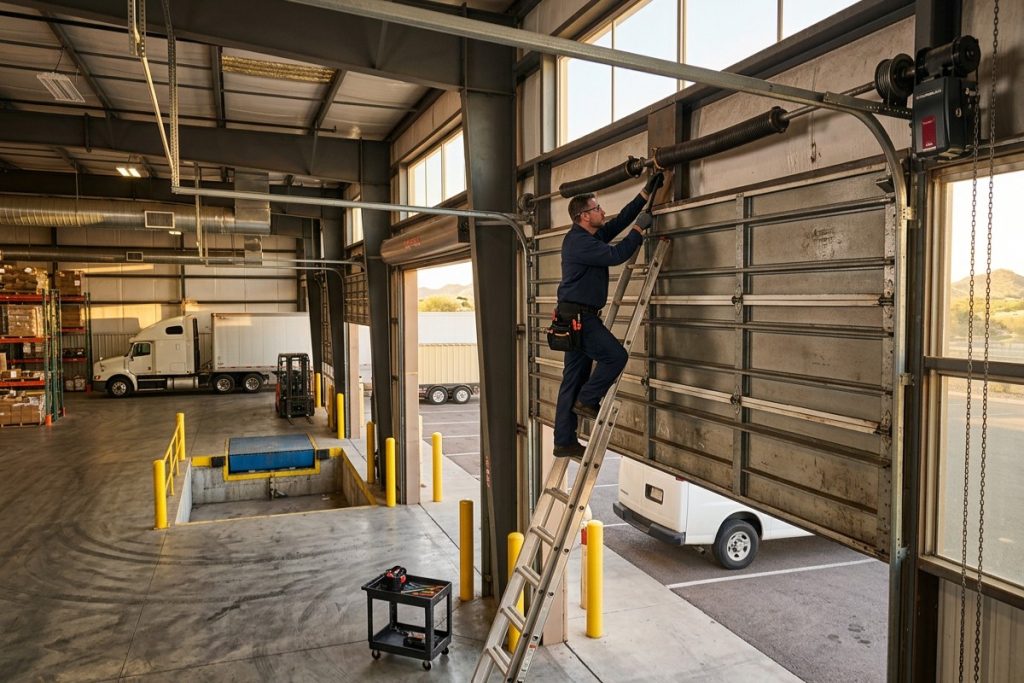 Mobile technician repairing a commercial overhead garage door at a warehouse facility in Phoenix AZ