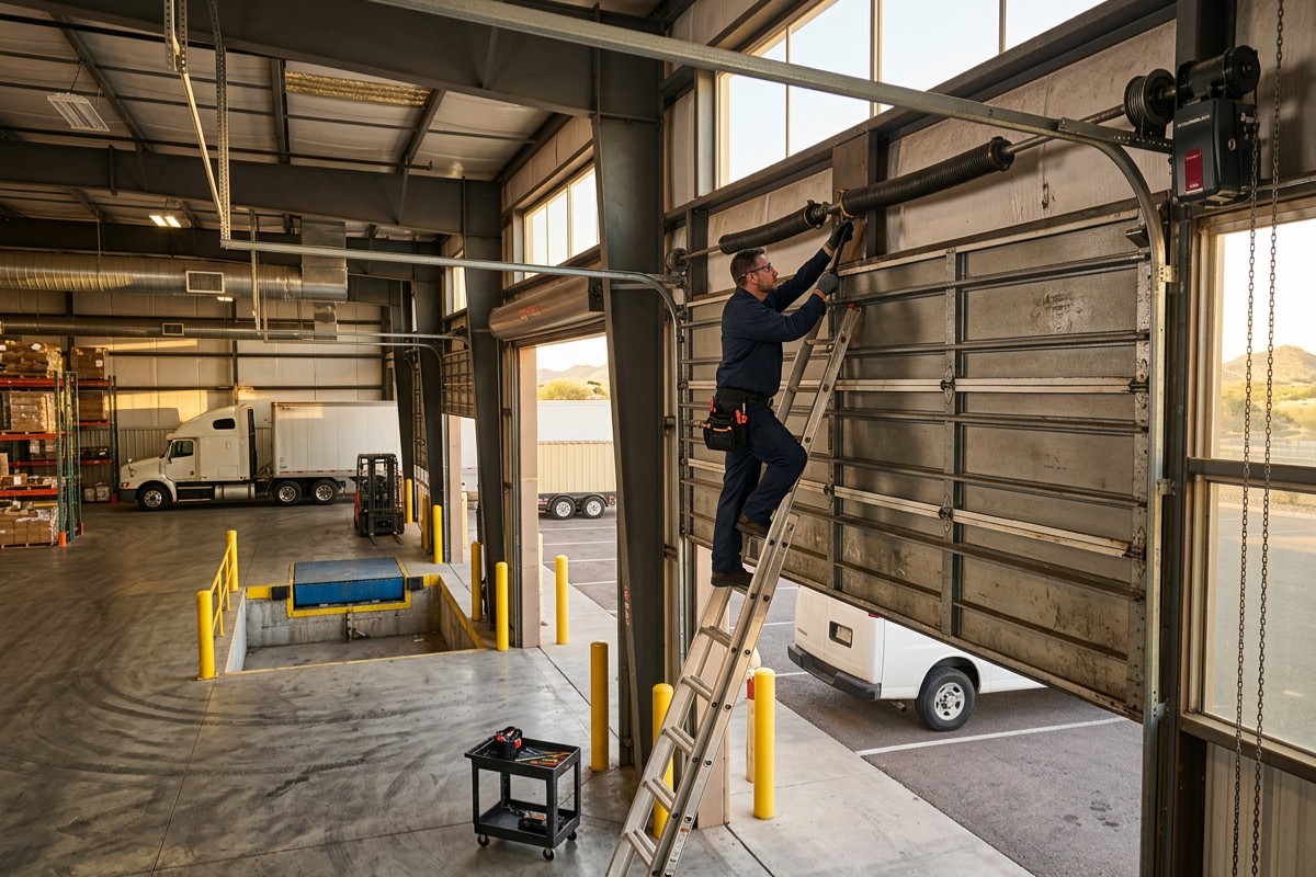 Mobile technician repairing a commercial overhead garage door at a warehouse facility in Phoenix AZ