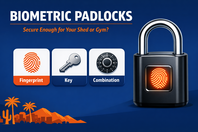 Biometric fingerprint padlock infographic comparing lock types for shed and gym security