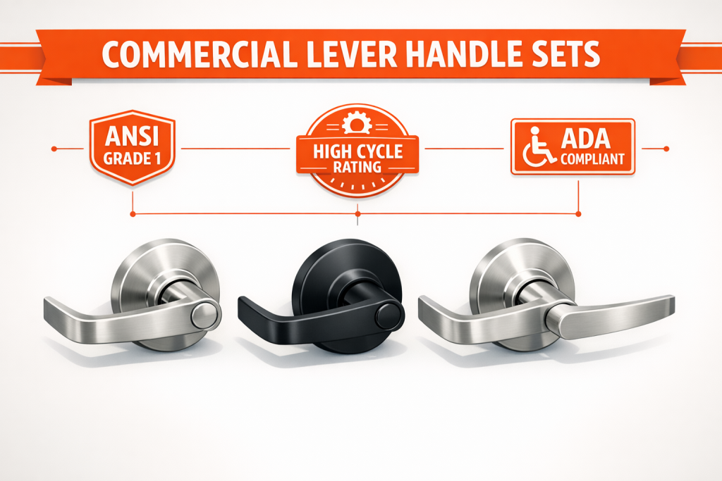 Commercial lever handle sets infographic: ANSI Grade 1, high cycle rating, ADA compliant
