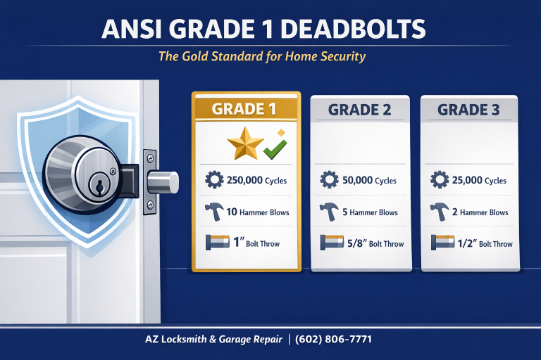 Infographic comparing ANSI Grade 1, 2, and 3 deadbolts for home security by AZ Locksmith & Garage Repair
