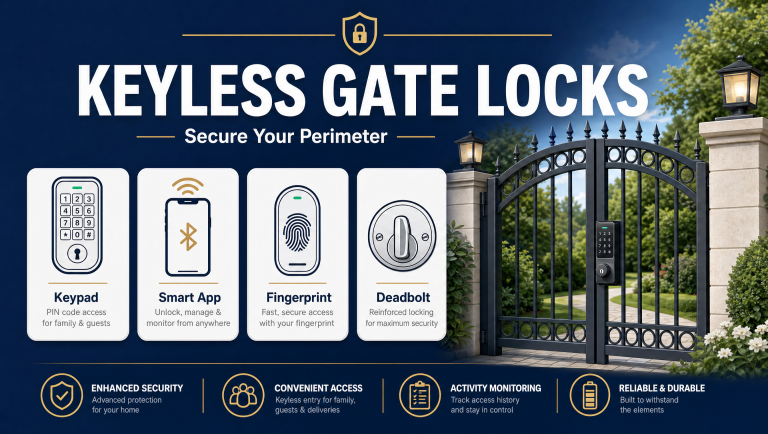 Keyless gate locks infographic showing keypad, smart app, fingerprint, and deadbolt options for garden gates