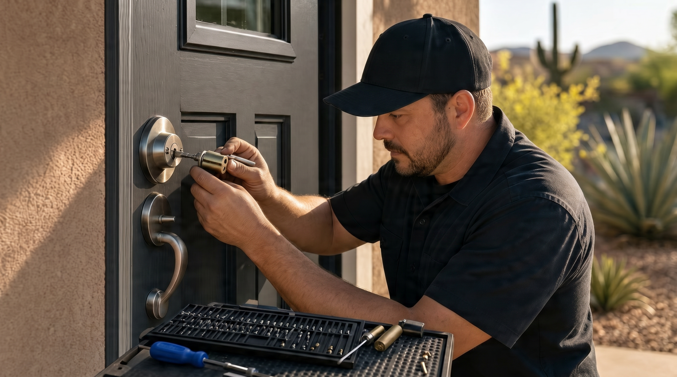 Licensed locksmith rekeying a Grade 1 deadbolt on a charcoal craftsman-style front door in Phoenix, Arizona