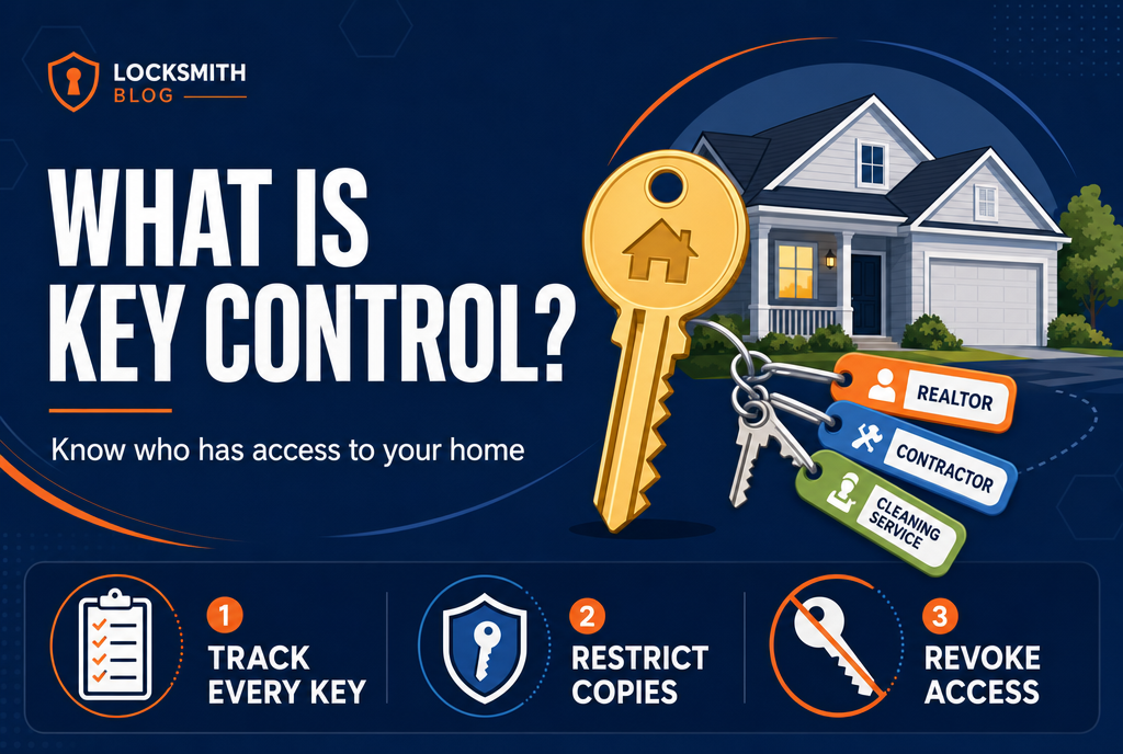 Infographic banner explaining key control: track every key, restrict copies, revoke access